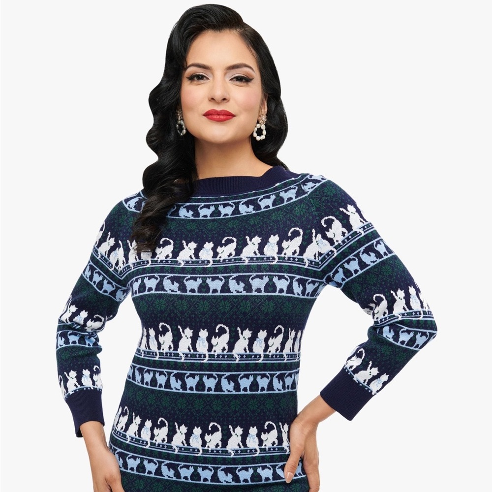 Unique Vintage 1940s Cat Pattern Lorelai Sweater (in Orange and Red)